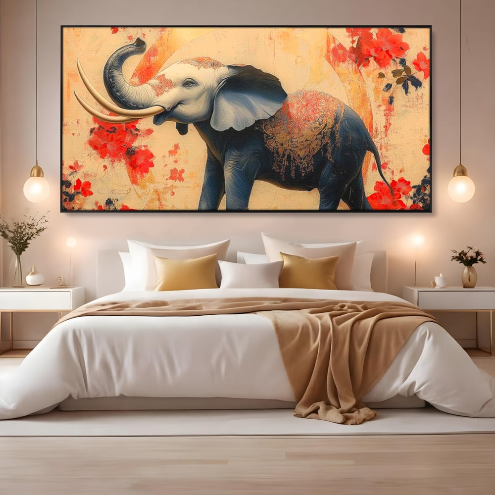 Tablou canvas cu tablou canvas cu elefant albastru, in rama de aluminiu negru, pe perete intr-un dormitor